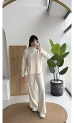 Maysa Dik Yaka Triko Takım - Ekru - Kod: 3804