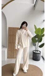 Maysa Dik Yaka Triko Takım - Ekru - Kod: 3804