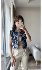 Mecnun Lacivert Nakışlı Yelek