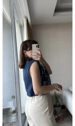 Mecnun Lacivert Nakışlı Yelek