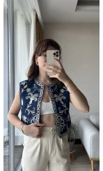 Mecnun Lacivert Nakışlı Yelek