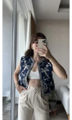 Mecnun Lacivert Nakışlı Yelek