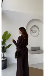 Meeri Kemer Detay Ceket Pantolon Takım - Kahve - Kod: 128