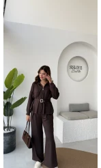 Meeri Kemer Detay Ceket Pantolon Takım - Kahve - Kod: 128