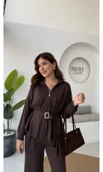 Meeri Kemer Detay Ceket Pantolon Takım - Kahve - Kod: 128