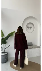 Megan Fitilli Polo Yaka Pantolon Triko Takım - Bordo - Kod: 04588