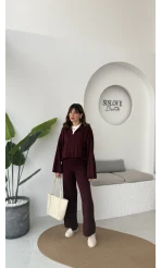 Megan Fitilli Polo Yaka Pantolon Triko Takım - Bordo - Kod: 04588