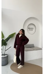 Megan Fitilli Polo Yaka Pantolon Triko Takım - Bordo - Kod: 04588