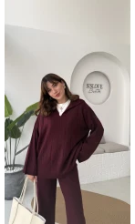 Megan Fitilli Polo Yaka Pantolon Triko Takım - Bordo - Kod: 04588