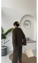 Megan Fitilli Polo Yaka Pantolon Triko Takım - Kahve - Kod: 04588