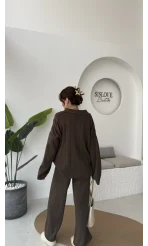 Megan Fitilli Polo Yaka Pantolon Triko Takım - Kahve - Kod: 04588