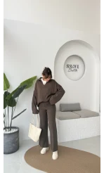 Megan Fitilli Polo Yaka Pantolon Triko Takım - Kahve - Kod: 04588