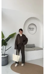 Megan Fitilli Polo Yaka Pantolon Triko Takım - Kahve - Kod: 04588