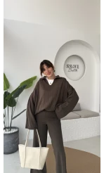 Megan Fitilli Polo Yaka Pantolon Triko Takım - Kahve - Kod: 04588