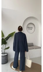 Megan Fitilli Polo Yaka Pantolon Triko Takım - Lacivert - Kod: 04588