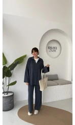 Megan Fitilli Polo Yaka Pantolon Triko Takım - Lacivert - Kod: 04588