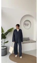 Megan Fitilli Polo Yaka Pantolon Triko Takım - Lacivert - Kod: 04588