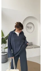 Megan Fitilli Polo Yaka Pantolon Triko Takım - Lacivert - Kod: 04588