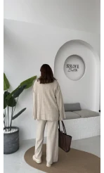 Megan Fitilli Polo Yaka Pantolon Triko Takım - Taş - Kod: 04588