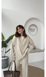 Megan Fitilli Polo Yaka Pantolon Triko Takım - Taş - Kod: 04588