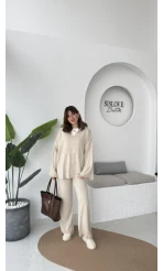 Megan Fitilli Polo Yaka Pantolon Triko Takım - Taş - Kod: 04588