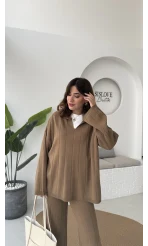 Megan Fitilli Polo Yaka Pantolon Triko Takım - Vizon - Kod: 04588