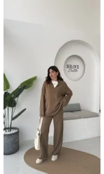 Megan Fitilli Polo Yaka Pantolon Triko Takım - Vizon - Kod: 04588