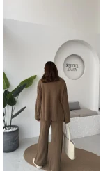 Megan Fitilli Polo Yaka Pantolon Triko Takım - Vizon - Kod: 04588