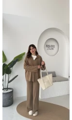 Megan Fitilli Polo Yaka Pantolon Triko Takım - Vizon - Kod: 04588