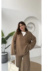 Megan Fitilli Polo Yaka Pantolon Triko Takım - Vizon - Kod: 04588