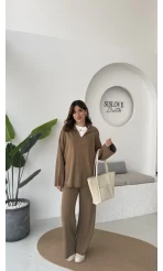 Megan Fitilli Polo Yaka Pantolon Triko Takım - Vizon - Kod: 04588