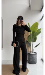 Melanie Fitilli Bluz Pantolon Takım - Siyah