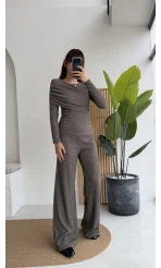 Melanie Fitilli Bluz Pantolon Takım - Vizon Tonları