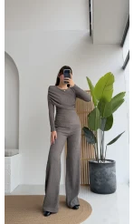 Melanie Fitilli Bluz Pantolon Takım - Vizon Tonları