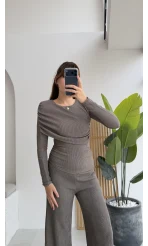 Melanie Fitilli Bluz Pantolon Takım - Vizon Tonları