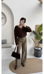 Melina Yüksek Bel Bol Paça Çift Kemerli Pantolon - Haki - Kod: 3663