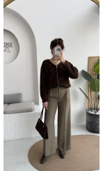 Melina Yüksek Bel Bol Paça Çift Kemerli Pantolon - Haki - Kod: 3663