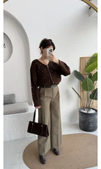 Melina Yüksek Bel Bol Paça Çift Kemerli Pantolon - Haki - Kod: 3663