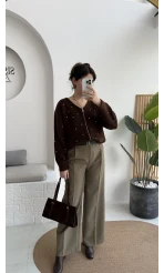 Melina Yüksek Bel Bol Paça Çift Kemerli Pantolon - Haki - Kod: 3663