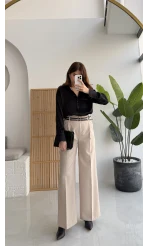 Melina Yüksek Bel Bol Paça Çift Kemerli Pantolon - Taş - Kod: 3663