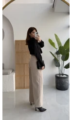 Melina Yüksek Bel Bol Paça Çift Kemerli Pantolon - Taş - Kod: 3663