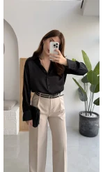 Melina Yüksek Bel Bol Paça Çift Kemerli Pantolon - Taş - Kod: 3663