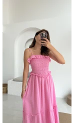 Melon Askılı Gipe Detay Elbise Pembe