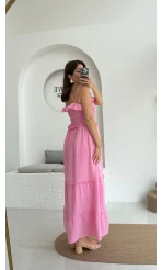 Melon Askılı Gipe Detay Elbise Pembe