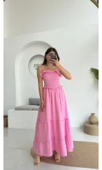 Melon Askılı Gipe Detay Elbise Pembe