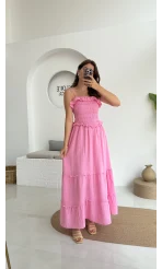 Melon Askılı Gipe Detay Elbise Pembe