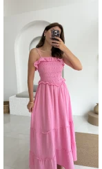 Melon Askılı Gipe Detay Elbise Pembe