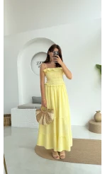 Melon Askılı Gipe Detay Elbise Sarı