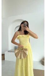 Melon Askılı Gipe Detay Elbise Sarı