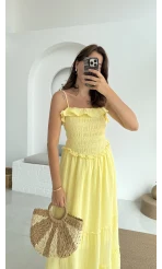 Melon Askılı Gipe Detay Elbise Sarı